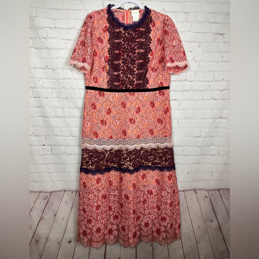 Foxiedox Sadie Midi Dress pink lace sheer prairie‎ cottage core sz 14 EUC